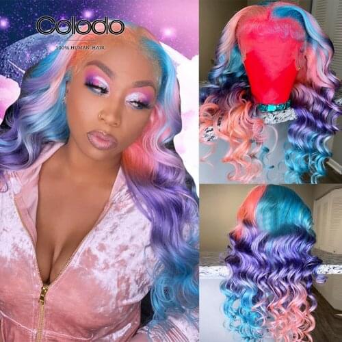 Pre Plucked Pink Rainbow Lace Front Human Hair Wigs Green Orange Highlight Wig with Baby Hair Transparent Lace Wigs COLODO