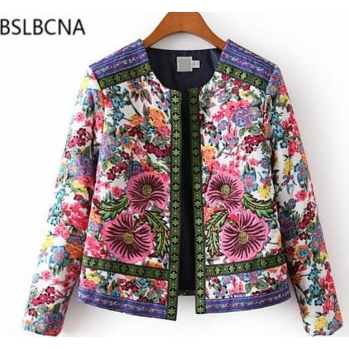 Plus Size Print Flowers Embroidery Winter Coat Women Tops Cotton Clothes Casual Zipper Vintage National Style Short Jacket A452