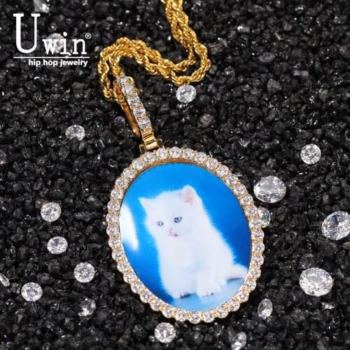 Uwin Oval Custom Photo Necklace Charm HipHop Bling Iced Out AAA Cubic Zircon HiphopJewelry For Gift Tennis Chain
