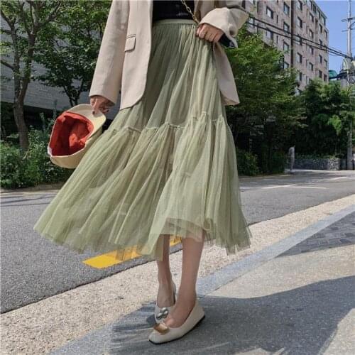 2020 Summer New Women Simple Pure Color High Waist Casual Fairy Mesh Pleated Skirt Fresh Sweet Beauty Long Skirt Free Shipping