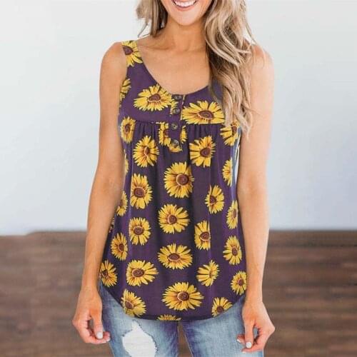 Women Floral Print Button O Neck Sleeveless Harajuku Vest T Shirt Casual Loose Streetwear Beach Holiday Daily Home Wear Tops