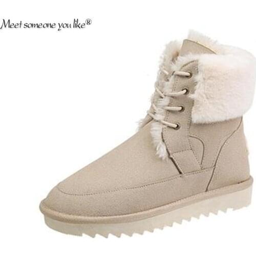 2021 New Fur Integrated Snow Boots Womens Slim Middle Cotton Shoes Anti Slip Beige Lace Up Thick Soled Cotton Shoes