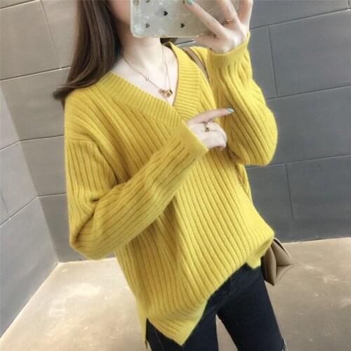 AECU Women Sweater Casual Loose V Neck Knitted Jumpers For Women Long Sleeve Knitted Pullovers Streetwear Winter 2021