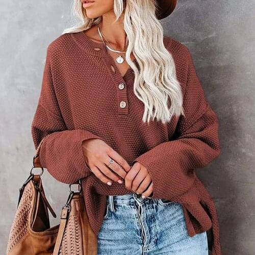 Womens Street Solid Color Loose Knit Sweater Large Size Casual V-Neck Pullover Fashion Long-Sleeved Sweater Autumn and Winter