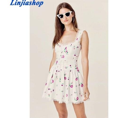 Summer dress women sweet lace trim floral print mini dress sexy backless sleeveless A-line party dresses short vestidos