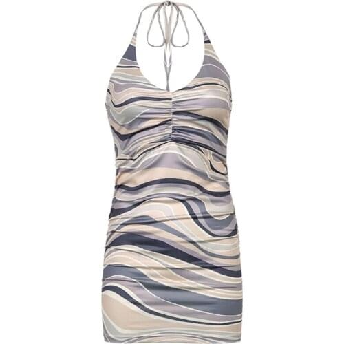 Women Summer Halter Backless Deep V-Neck Bodycon Mini Dress Ruched Front Swirl Ripple Striped Print Beach Party Clubwear