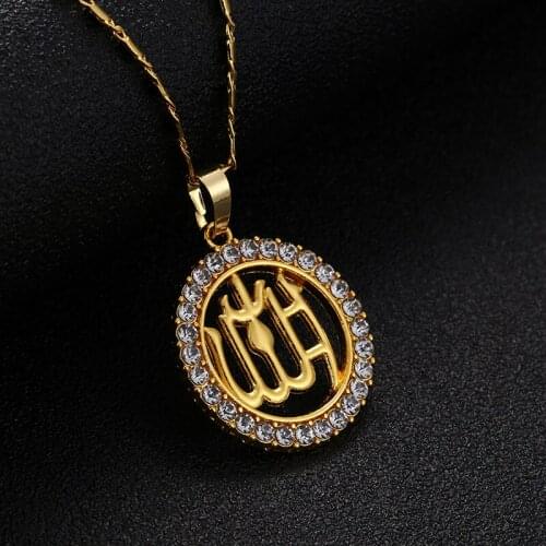 Islamic Muslim Allah symbol Jewelry Necklace Men/Women Gold/Silver Color CZ rhinestone Round Pendants & Necklace