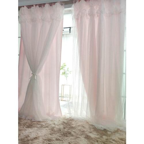 INS Princess Blackout Double Layers Curtains for Living Room Lantern Pink Curtain Guaze Tulles Voile Fabrics for Girl‘s Bedroom