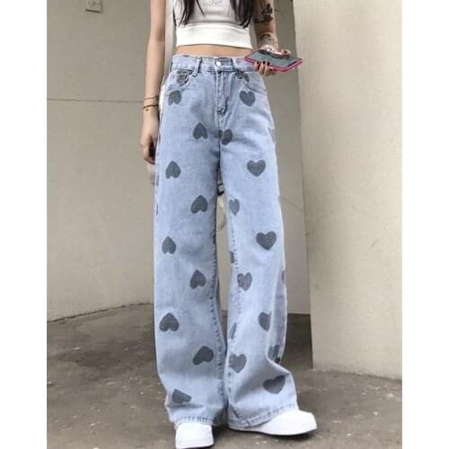 2021 New Fashion Design Love Print Casual Loose Wide-Leg Drape Straight-Leg Jeans