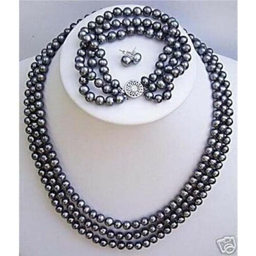 3 rows 6-7mm Natural black pearl necklace 17-19‘’ bracelet earrings 7.5‘’set