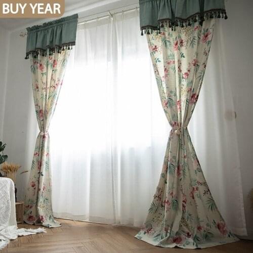 American Curtains for Living Room Bedroom Pastoral Country Pink Hibiscus Peony Green Leaf Imitation Hemp Semi-blackout Curtains