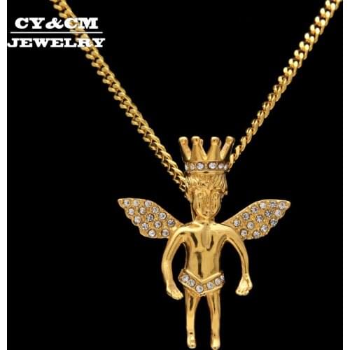 CY&CM Men Women Gold Crown Angel Wings Pendant Stainless Steel Rhinestone Angel Baby Hiphop Charm Necklace Fashion Punk Jewelry