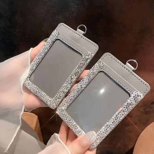 PU Leather Work Card Case with Lanyard Diamond Work ID Card Holder Unisex Women Men Protector Cover Badge Office School Supply