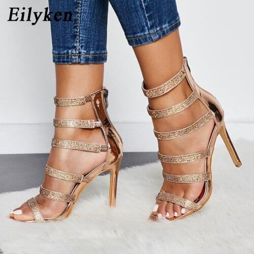 Eilyken Fashion Design Bling Rhinestone Open Toed Stiletto Shoes Womens Zip Cover Heel Sexy Sandals Nightclub Pumps Champagne