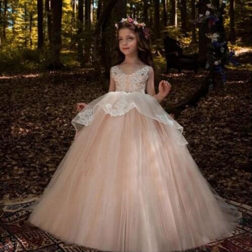 Elegant Ball Gown Lace Flower Girl Dresses For Weddings Trailing First Communion Dress For Girls Evening Prom Gowns
