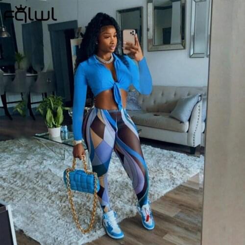 FQLWL Streetwear 2 Two Piece Sets Womens Outfits Fall 2021 Long Sleeve Bandage Crop Top Print Pants Suits Casual Matching Sets