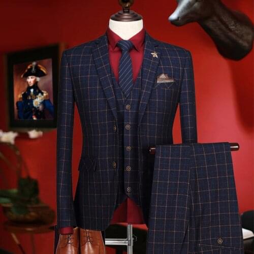 Suit men winter thicken deep blue plaid men suit slim fit wedding suits for men business man groom blazer mens suits with pants