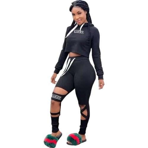 Crop Top Hoodie + Pants Two Piece Set Cut Out Bottoms Hooded Tracksuit Suit