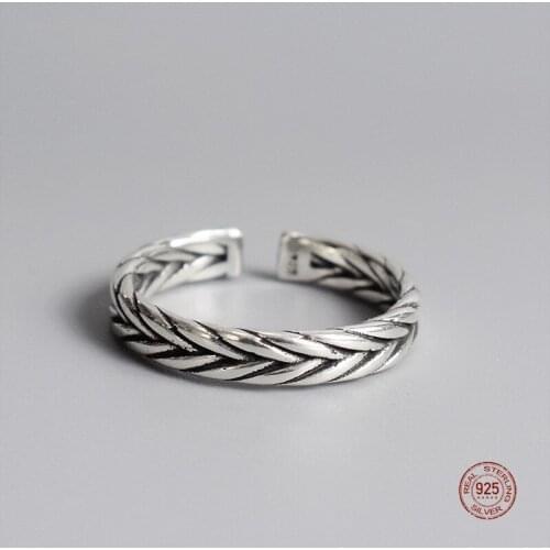 LKO 925 Sterling Silver Vintage Personality Weave Hemp Flowers Twist Adjustable Ring Fine Jewelry For Women Party Accessorie