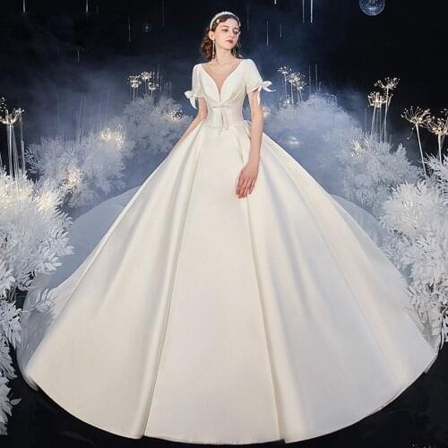 Best France Satin Ball Gown Wedding Dresses Aliexpress Login Vestido De Casamento Pearls Zipper Up Bow Short Sleeve Simple Gowns