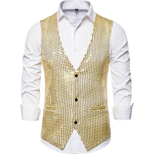 6 Styles Men Wedding Stage Show Gold Shiny Sequins Bow Vest Waistcoat Blue Black Silver Suit Vest Gilet Homme Classic Vests 2Pcs