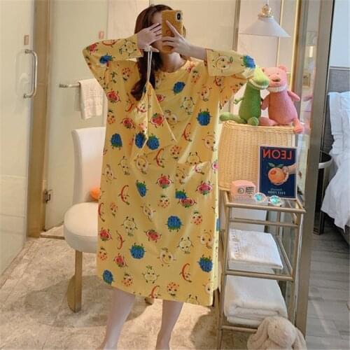 Nightdress Long-sleeved female spring and autumn Korean version cotton cartoon thin summer pijama new arrival yellow Nightwear