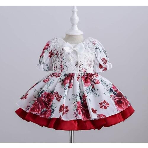 2021 Autumn Short Sleeve Palace Style Lolita Dress Lace Flower Baby Girl Birthday Party Dresses For Girls Banquet Princess Dress