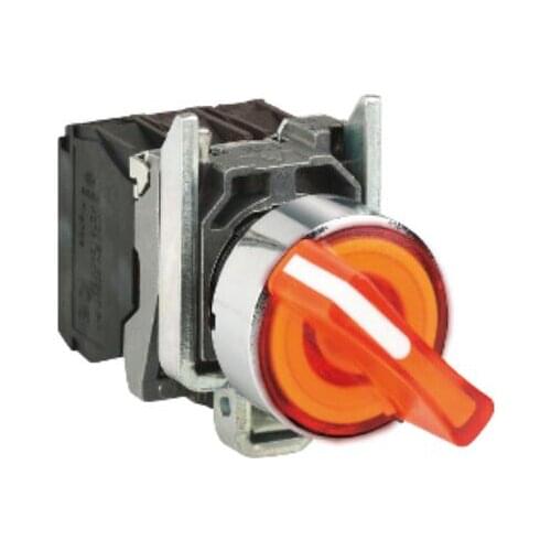 XB4BK125G5 = ZB4BW0G55 + ZB4BK1253 Illuminated selector switch, metal, orange, Ø22, 2 positions, stay put, 110...120 V AC, 1 NO