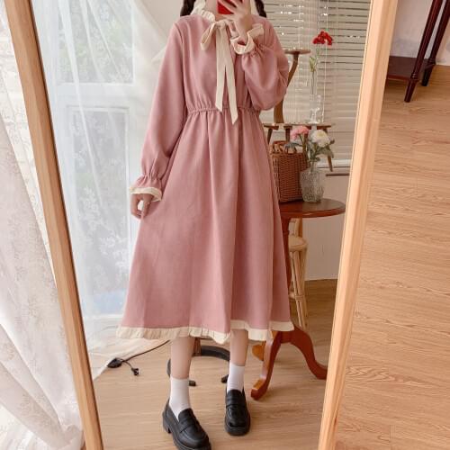 Lolita Dress Japanese Sweet Fungus Bow Tie Kawaii Trumpet Sleeves daily Dress Tea Party Gothic Lolita dress