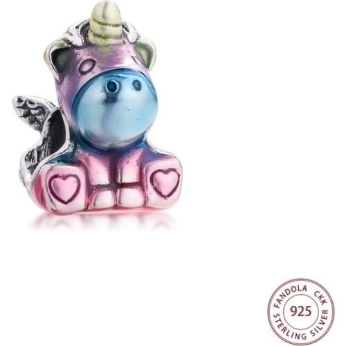 Fits Pandora Bracelet Charms 925 Sterling Silver Colourful Rainbow Bruno the Unicorn Beads DIY Fine Jewelry Making Bijoux Femme