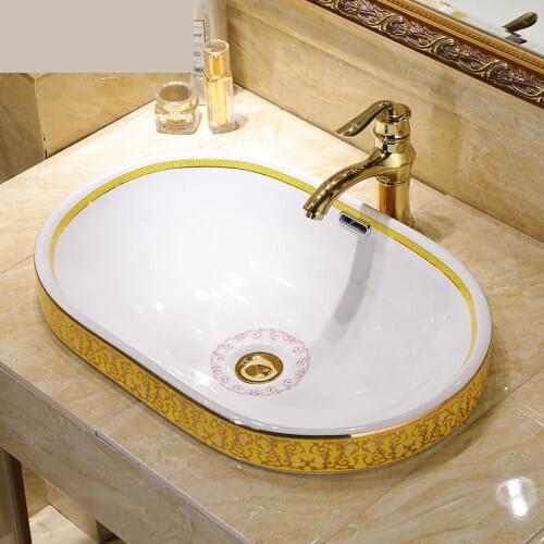 Semi Embedded Chinese Europe Vintage Style Art wash basin Ceramic Counter Top Wash Basin Bathroom Sinks bathroom basin bowl oval