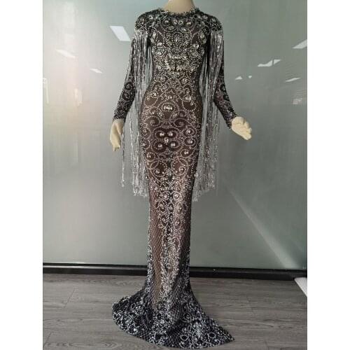 Luxury Crystal Tassel Party Long Dress Women Sexy Mesh See Through Rhinestone Dress Floor Length Evening Prom Dress Stage Wear