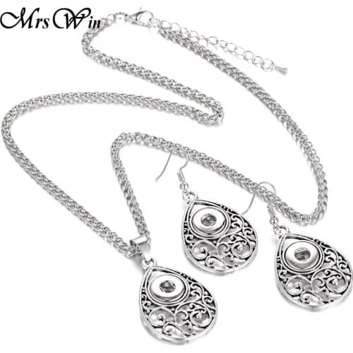 High Quality Christmas Snap Jewelry Sets Hollow Out Water Drop 12MM Snap Earrings & Snap Pendant Necklace for Women