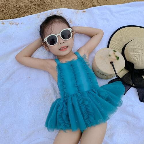 Little Girls One Piece Swimsuit Children Solid Swimwear Cute Suspender Gauze Skirt Sun Block Summer Ruffled Swimming Suit