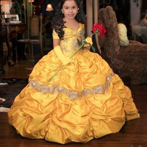 Yellow Retro Princess Ball Gown Flower Girl Dresses Lace Taffeta Little Girl Pageant Dresses 2020 Toddler Party Gowns