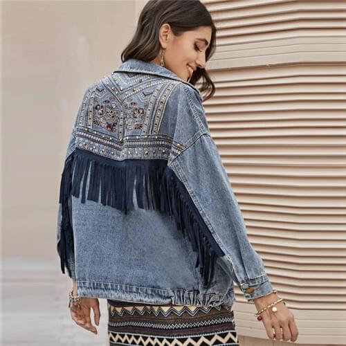 Women Jacket Denim women Jacket Spring Vintage Floral Embroidery Suede Fringe Loose Coat Long Sleeve Outerwear Boho Jacket