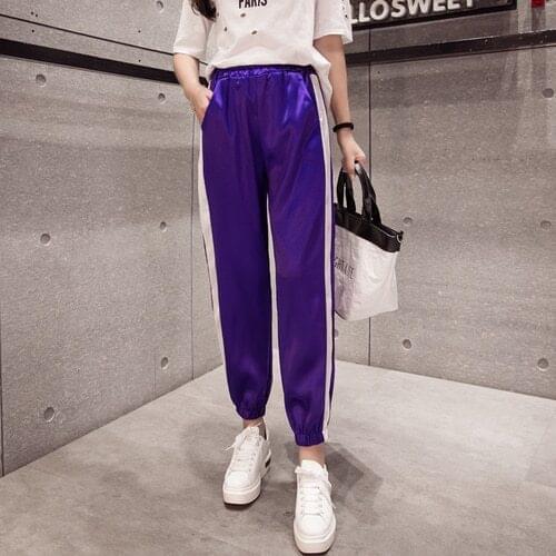 Streetwear Trousers Women Summer 2020 Korean Elastic Waist Side Striped Sweatpants Satin Pants Green Purple Pink Black B266