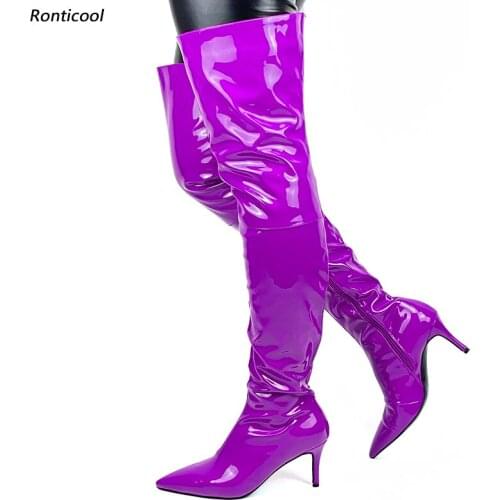 Ronticool Handmade Women Winter Thigh Boots Patent 8 Cm Stiletto Heel Pointed Toe Red Purple Black Night Club Shoes Us Size 5-15