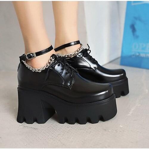 Womens Metal Chain Lolita Gothic Punk Pumps Shoes Platform Chunky High Heel Creepers Japanese Harajuku Square Toe New 2021