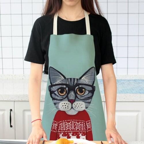 Cat Printed Women Kitchen Apron Linen Sleeveless Chef Cooking Aprons Kitchen accessories baking accessories waitress shies