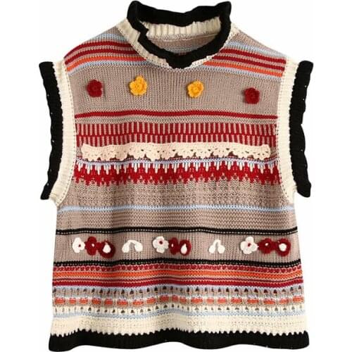 Knitted Printed Sweater Vest Women O Neck Sleeveless Floral Decal Texture Pullover Ladies Winter Casual Vintage Y2K Sweater 2021