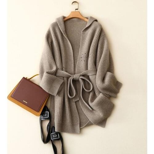 Winter Knitted new cashmere cardigan women Sweater mid-length hooded thick loose knit sweater pure color lazy wind jacket