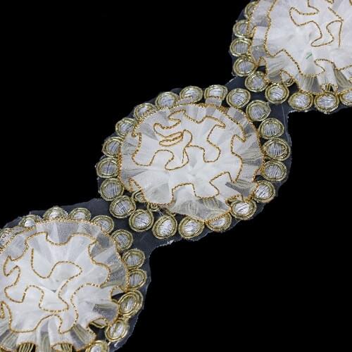 10y Flower Embroidey Lace Ribbon Trim Off White Gold Metallic Edge Applique Lace Cord Trimming Clothes Decorated Sewing T2025