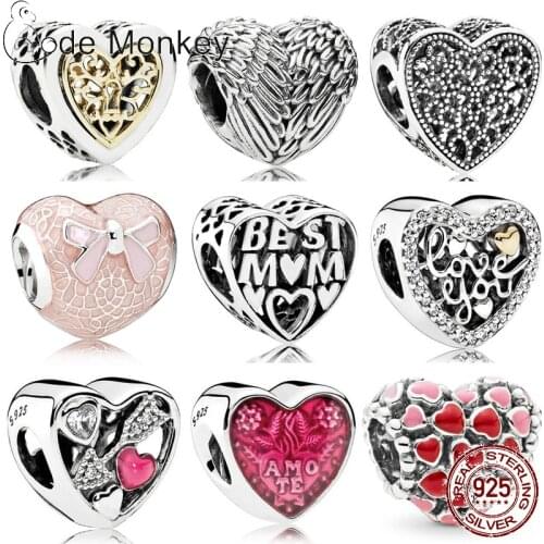 PANDACH 100% Real 925 Strerling Silver Love Heart Charms Beads Fit Original CodeMonkeyBracelet Beads DIY Jewelry Making C007