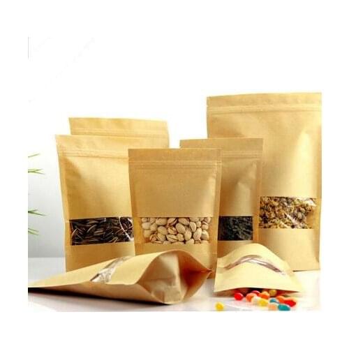 100pcs Kraft Paper Bag Zip Lock Stand Up Bag with Window,event party Gift Bags Tea Packaging candy Food birthday gift Pouches