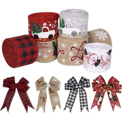 5 Meters Imitation Linen Fabric Ribbon Printed Merry Christmas Deer Snowflakes Ribbons for Christmas Decoration Diy Bow Crafts