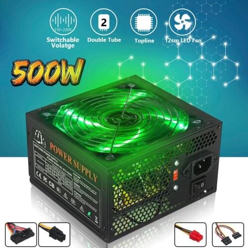 Max 500W Power Supply 120mm LED Fan 24 Pin PCI SATA ATX 12V PC Computer Power Supply for Desktop Gaming Computer