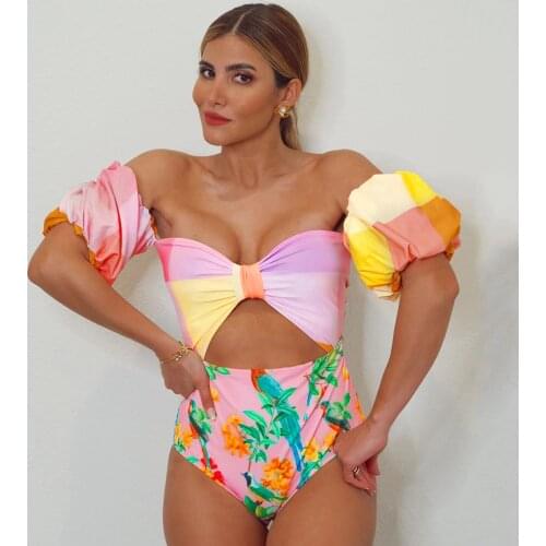 One Piece Swimsuit 2021 Sexy Colorful Plaid Swimwear Women Swimsuit Hollow Out Bathing Suit Beachwear Short Sleeve Monokini