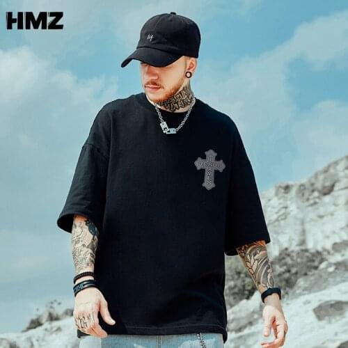 HMZ Summer Tshirt Men Cotton Cross Printing T-shirt Loose Casual Fashion Male Tops Half Sleeve Harajuku Tee Shirts Men Oversized