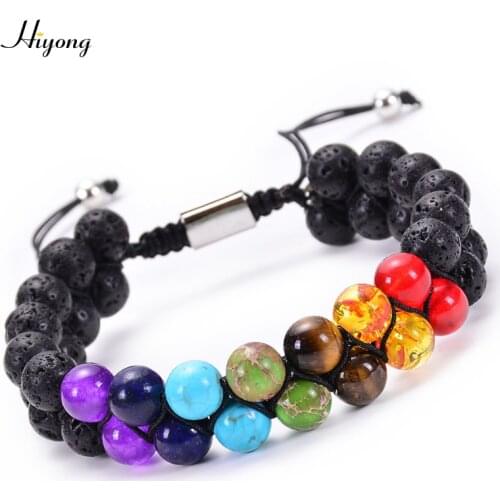 HIYONG 7 Chakra Bracelet Lava Rock Stone Bracelet for Men Women Adjustable Double Braided Rope Natural Stone Yoga Beads Bracelet